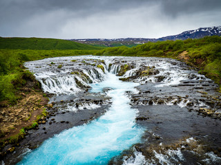 Blue Bruarfoss waterfalls in iceland