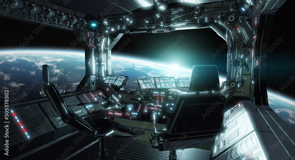 Poster Spaceship grunge interior control room with view on space 3D rendering elements of this image furnished by NASA