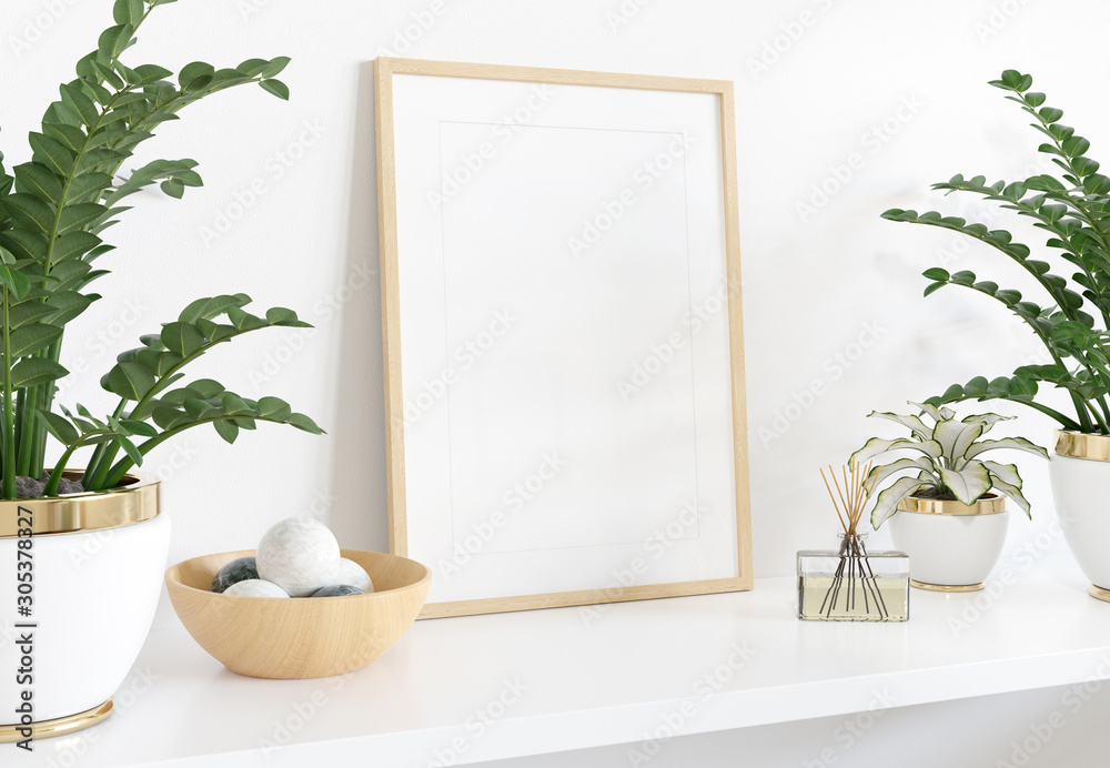 Poster golden frame leaning on white shelve in interior with plants and decorations mockup 3d rendering