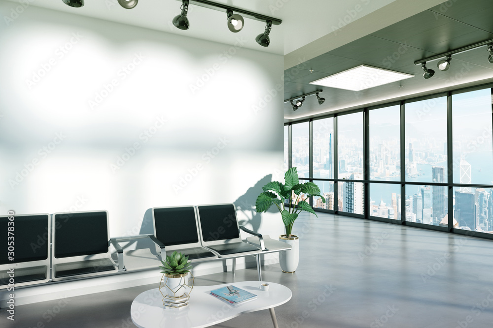 Poster Blank wall in waiting room mockup with large windows and sun passing through 3D rendering