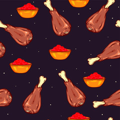 Vector seamless pattern with barbecue legs and sauce. Food background. Wallpaper drawing. Chicken meat, chili, dressing. BBQ grilled meal. Yummy, tasty, delicious hot dinner. Tablecloth design