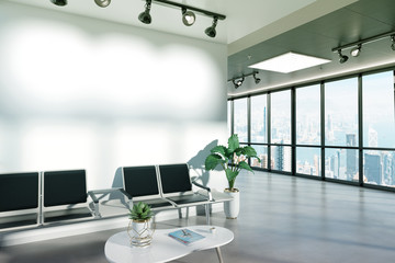 Blank wall in waiting room mockup with large windows and sun passing through 3D rendering