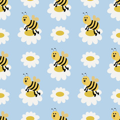 Fototapeta premium Seamless pattern with bees and daisies. Vector illustration.