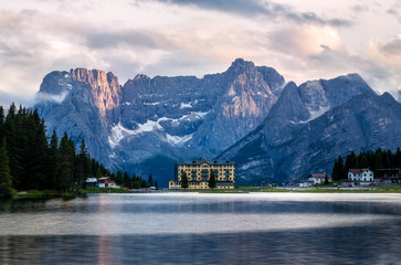 Beautiful sunset in Lake Misurina, natural landscapes in Dolomites, Italy