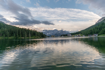 Beautiful sunset in Lake Misurina, natural landscapes in Dolomites, Italy