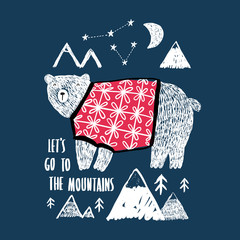 Cute bear in a sweater on a background of mountains, the moon and stars. Can be used for shirt design, fashion print design, kids wear, textile design, greeting card, invitation card.