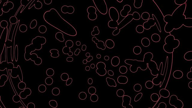 Computer generated animation with unifying and dividing organic shapes. Seamless fast looping motion of changing color cells on a globular background. For microbiology, exemplification, projection.