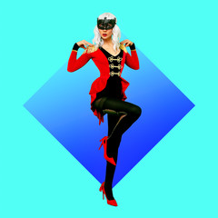 Obraz premium Blonde girl in a fancy dress musketeer on geometry background. New year party concept