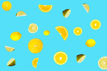 Fresh lemon pattern on blue background