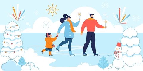Happy Family Celebrating Christmas on Rink Outdoor