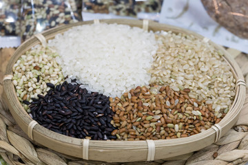 Stack of diferrent rice on basket. various rice isolated