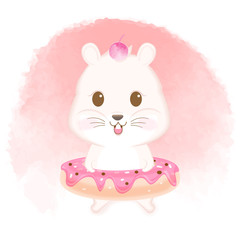 Cute hamster with donut hand drawn cartoon watercolor style illustration
