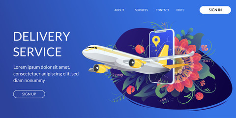 Web page design template for project delivery, transport, airplane. Modern vector illustration concepts. - obrazy, fototapety, plakaty