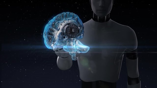 The robot touching brain, The AI CPU appears in the digital brain. Artificial intelligence concept. 4k animation.2.