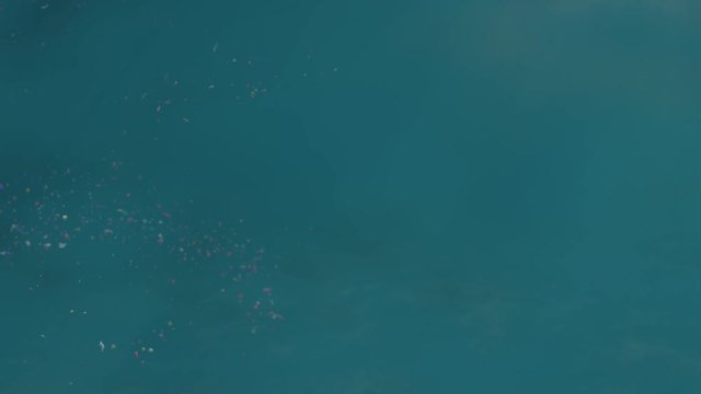 plastic pollution, microplastic particle and nurdles in sea water, 4k