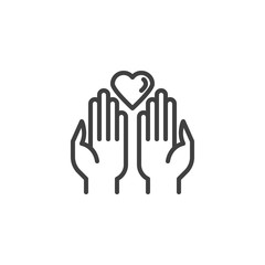 Hands with heart line icon. linear style sign for mobile concept and web design. Donation heart outline vector icon. Charity symbol, logo illustration. Vector graphics