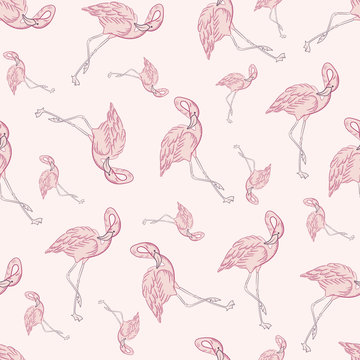 Beautiful pink flamingo bird flat color seamless pattern  - vector image