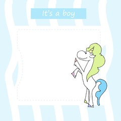 Cute baby shower cartoon with beautiful unicorn. Label for children with funny unicorns. Vector illustration. It is a boy.