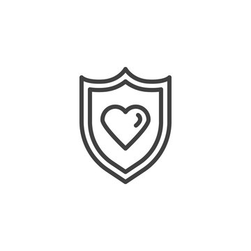 Shield With Heart Line Icon. Linear Style Sign For Mobile Concept And Web Design. Heart Protection Outline Vector Icon. Healthcare Symbol, Logo Illustration. Vector Graphics