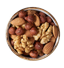 nuts mix in a bowl isolated on white. Top view