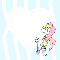 Cute baby shower cartoon with beautiful unicorn. Label for children with funny unicorns. Vector illustration.