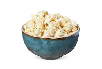 Salt popcorn in the bowl. Isolated on white with clipping path