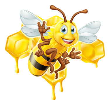 A bumble bee cute cartoon character mascot with his or her honeycomb and dripping honey in the background