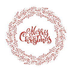 Red Christmas vector wreath with berries on branches with Merry Christmas text. Isolated xmas illustration for greeting card, web, poster, banner