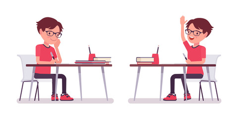 School boy in casual wear studying at the desk Cute small guy in glasses with books, active young kid, smart elementary pupil aged between 7 and 9 years old. Vector flat style cartoon illustration