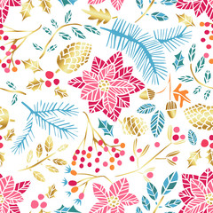 Christmas vector seamless pattern. Winter hand drawn christmas gold background isolated on white