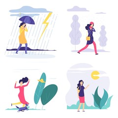 Four seasons. Woman various weather illustration. Vector autumn summer winter spring concept with flat girl. Season four, girl in rain or snow