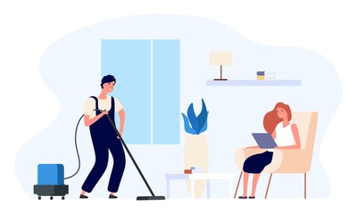 Man vacuums. Man cleans house illustration. Happy flat couple, daily routine vector concept. Cleaner routine, people housekeeping