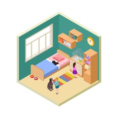 Kids and pets. Girl, boy with cat, dog and bird. Isometric kids room interior vector illustration. Children with animal, cartoon cute child with pets