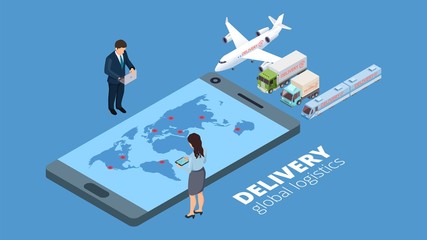 Delivery global logistics. Delivery strategy concept. Isometric businesspeople plan shipping online vector illustration. Global delivery business, service cargo export logistic
