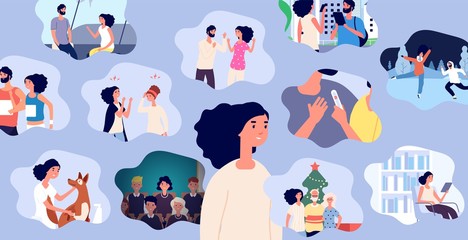 Woman life memories. Positive girl and her life experience vector concept. Memories of a girl, female visual personal diary illustration. Woman with family, couple in love. Personality remember