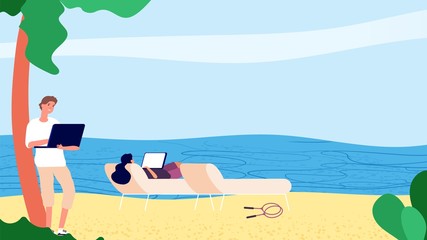Downshifting people. Flat people working with laptop by sea. Vector escaping office freelance concept. Male female characters beach notebooks. Relaxation freedom freelance, traveler illustration
