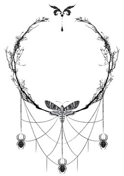 Vector floral frame with death head butterflies and spiders with spiderweb in black, grey and white.