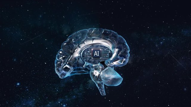 The brain separates and the AI CPU appears in the center. Artificial intelligence concept. 4k animation.