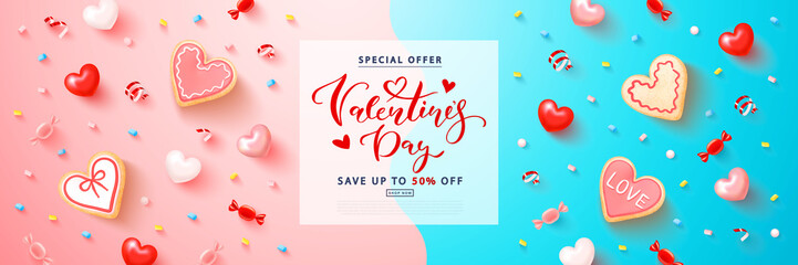 Valentine's day sale background with hearts,cookies, marshmallows and streamers. Modern design.Universal vector background for poster, banners, flyers, card,advertising brochure