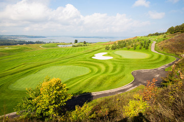 Russian open space. field, forest, sky, road. golf course top view