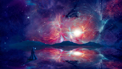 Space background. Magician standing on reflection surface with colorful fractal nebula and mountain sillhouette. Elements furnished by NASA. 3D rendering