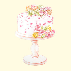 Watercolor illustration of cake with flowers. Perfect for invitation, wedding or greeting cards.