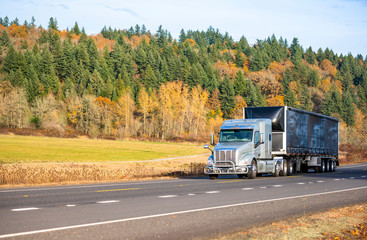 Fototapeta na wymiar Big rig bonnet semi truck with grille guard transporting cargo in black covered semi trailer moving on the road with autumn trees and meadow
