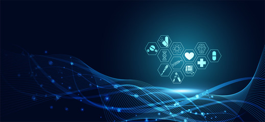 Abstract health medical science healthcare icon digital technology science concept modern innovation,Treatment,medicine on hi tech future blue background. for wallpaper, template, web design