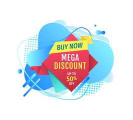 Mega discount vector, buy now isolated banner with triangle shape, geometric form promotion of products, offer special proposition from shop market