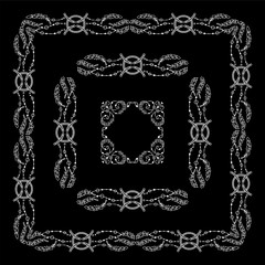 Vector set of vintage frames with boho, ethnic, tribal feathers, beads. Graphic design templates for labels, badges, tile, quotes. Square frames with different size. Black and white chalkboard