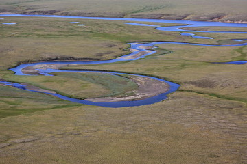Tundra landscape in summer, Taymyr peninsula, aerial view