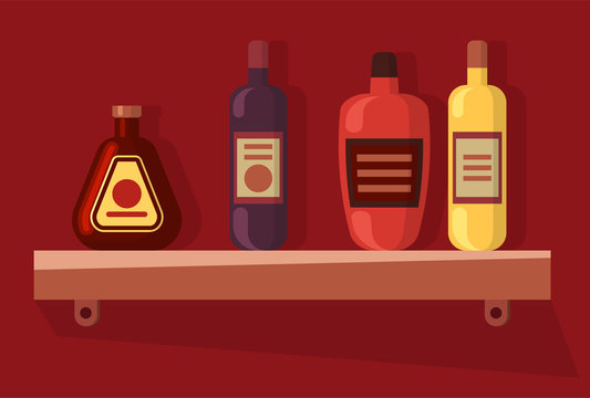 Alcohol drink, bottles on wooden shelf isolated on red wall. Beverage set, wine and champagne, cognac or rum, celebrating element, cocktail vector