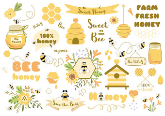 Fototapeta Bees set honey clipart Hand drawn bee honey elements Hive honeycomb pot beekeeping Text phrases illustrartion obraz