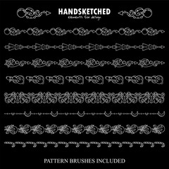 Fototapeta premium Vector set of pattern brushes or dividers. Arrows with waves and stars, fir trees, snowmen, moon, candy cane and Christmas toys. Black and white chalkboard art. Brushes included